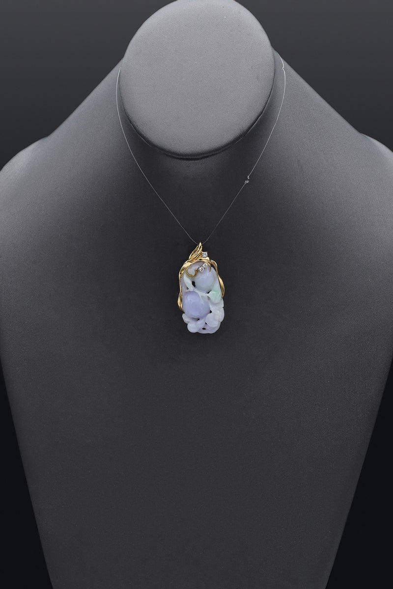 Vintage 14K Yellow Gold Lavender Green Jade & Diamond Carved Bird Gourd Pendant
