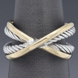 David Yurman Sterling Silver & 18K Yellow Gold X Crossover Ring Size 6.5 Pouch