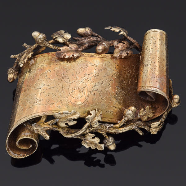 Antique Victorian 13K Yellow Gold Scroll Leaf Brooch Pin