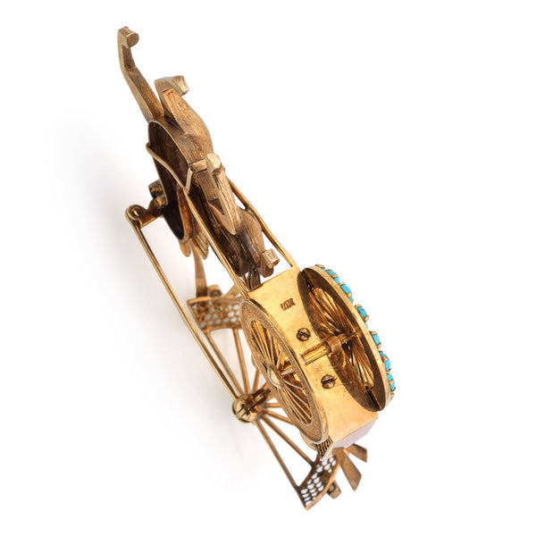 Vintage 1970 14K Yellow Gold Turquoise & Ruby Horse-Drawn Chariot Brooch