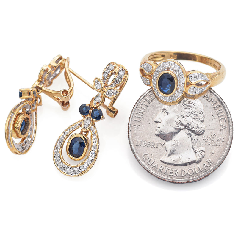 Estate 14K Yellow Gold 1.72 TCW Sapphire & 0.42 TCW Diamond Earrings & Ring Set