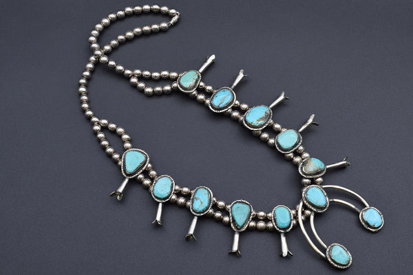 Vintage Turquoise Nickel Squash Blossom Necklace