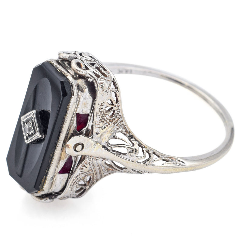 Vintage 14K White Gold Ruby, Onyx & Diamond Spinner Ring Size 8.5
