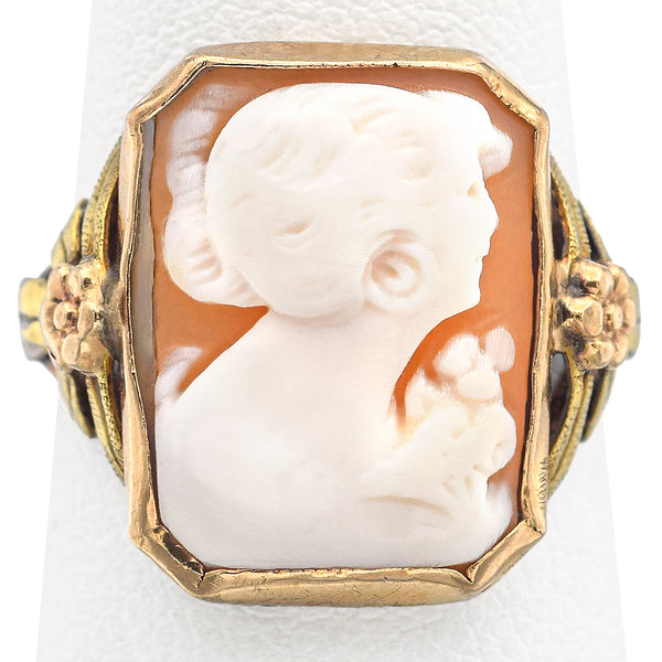 Antique 10K Yellow Gold Cameo Shell Cocktail Ring Size 5.5
