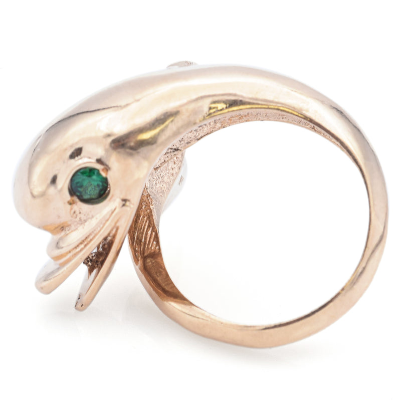 Vintage 14K Yellow Gold Green Lab Spinel Dolphin Cocktail Ring Size 5.5