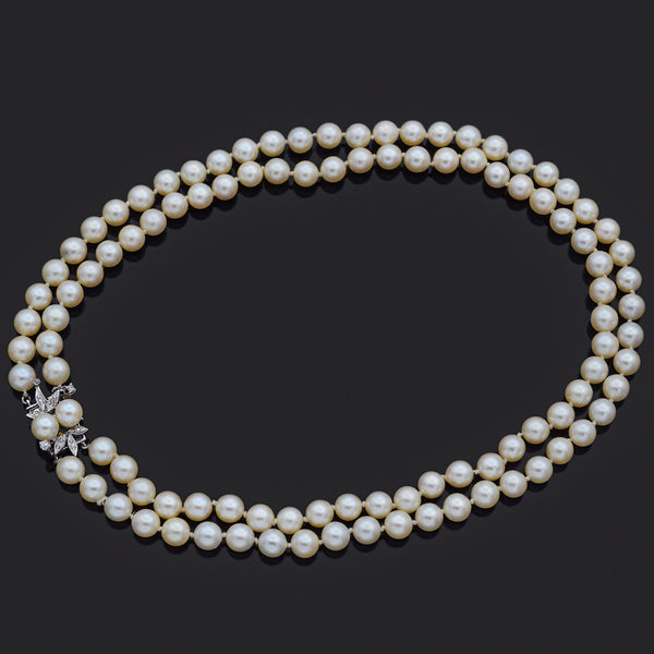 Vintage 14K White Gold Pearl & Diamond Beaded Double-Strand Necklace 16.5 Inches
