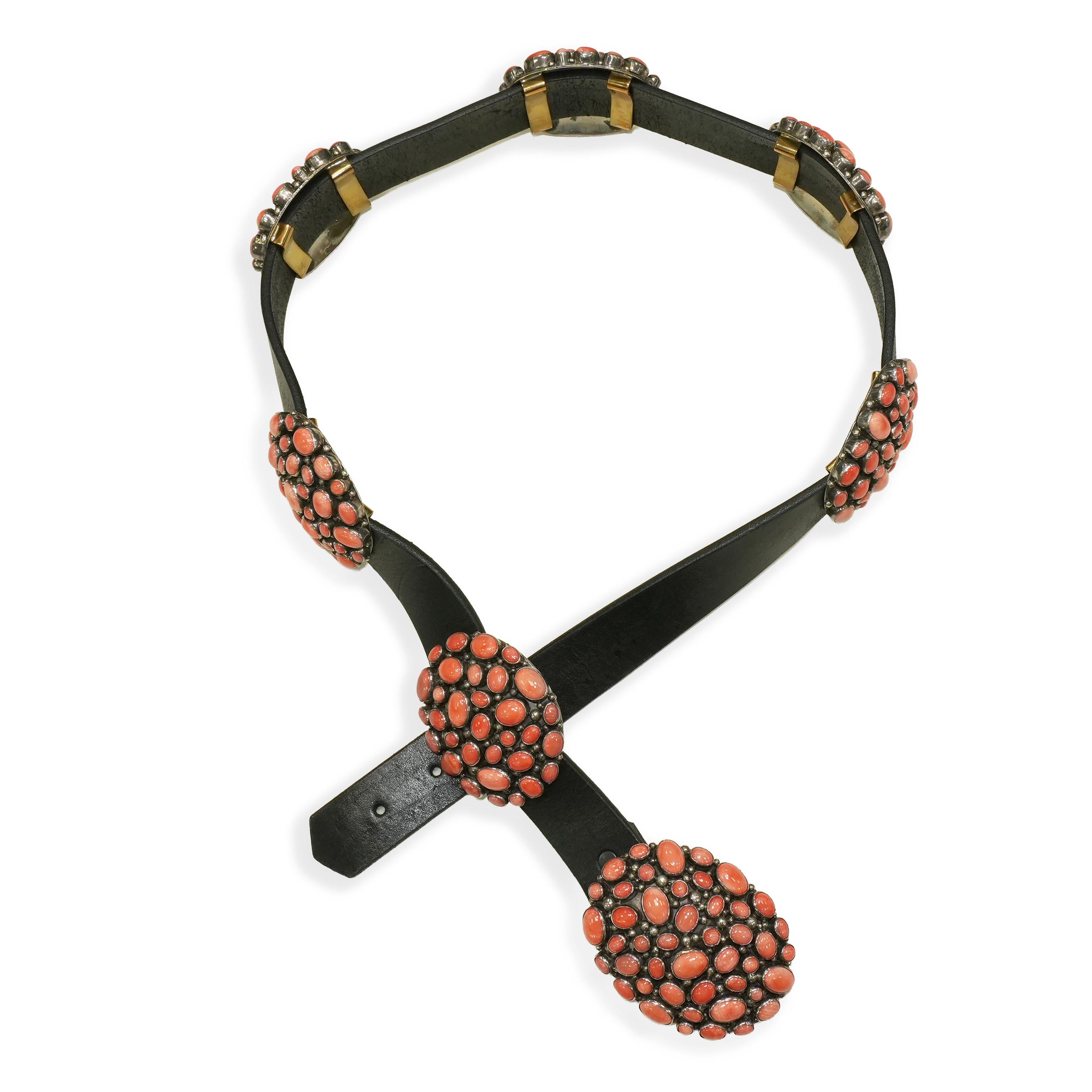 Southwestern Philbert Secatero Sterling Silver Coral Leather Concho Belt