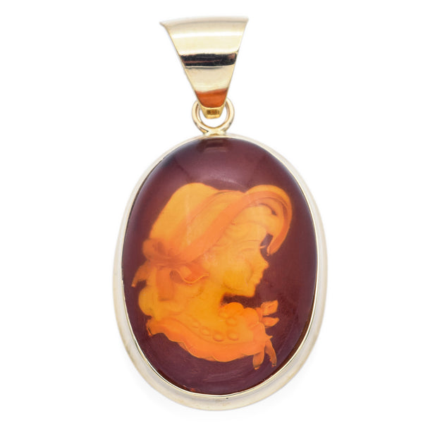 Vintage 14K Yellow Gold Amber Reverse Carved Cabochon Cameo Pendant