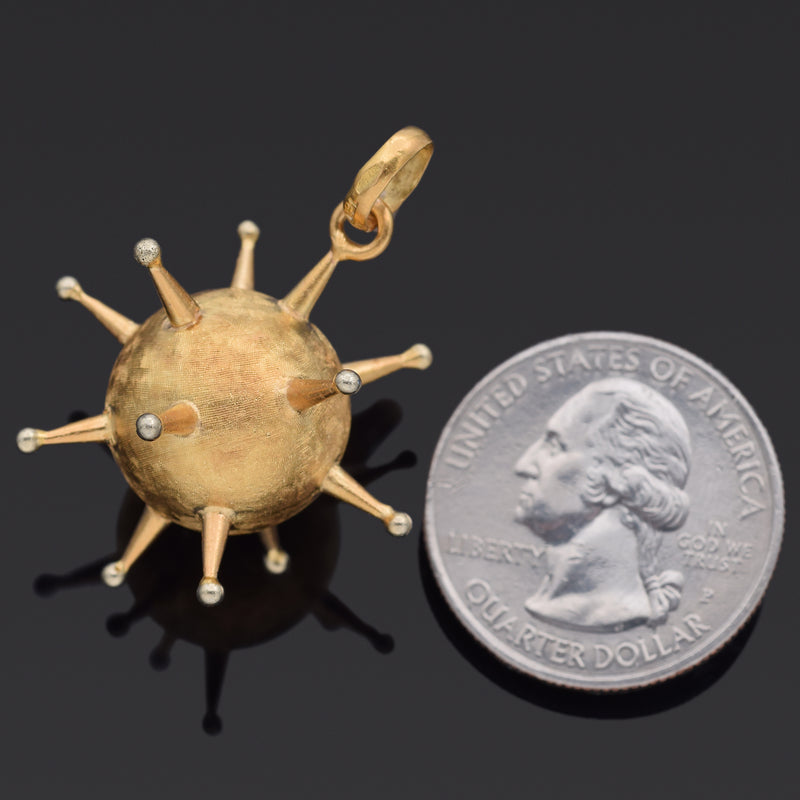 Vintage 18K Yellow Gold Spike Ball Pendant 32 x 25 mm