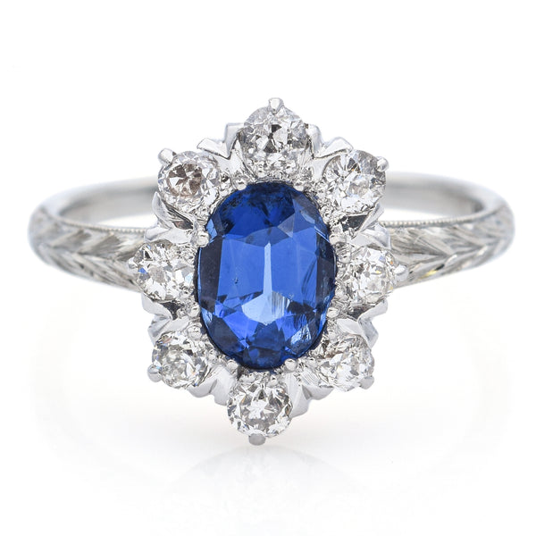 Antique Art Deco 18K White Gold Blue Paste & 0.48TCW Diamond Band Ring Size 5.75
