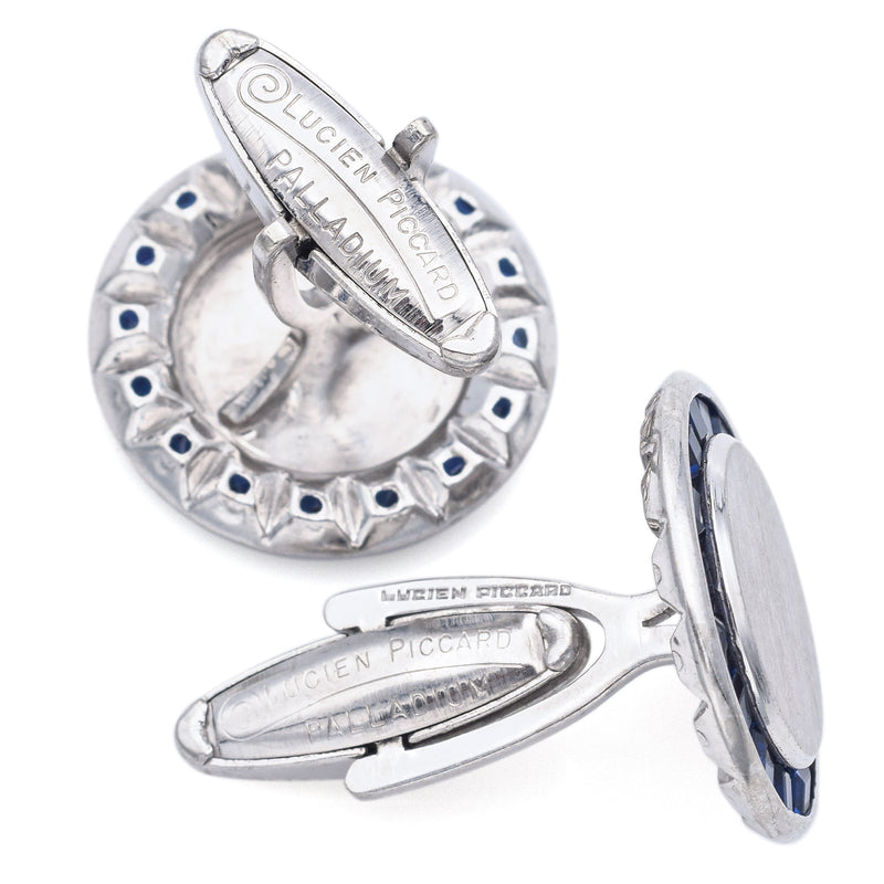 Vintage Lucien Piccard Palladium Sapphire Round Cufflinks 21 mm