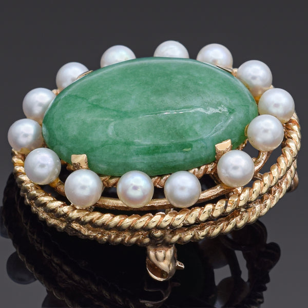 Vintage 14K Yellow Gold 10.45 Ct Green Jade & Pearl Oval Brooch Pin Pendant