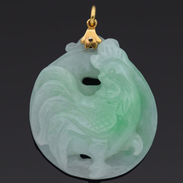 Vintage Green Jade 18K Yellow Gold Carved Rooster Pendant