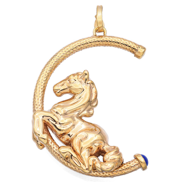 Vintage 18K Yellow Gold Lapis Equestrian Horse Pendant