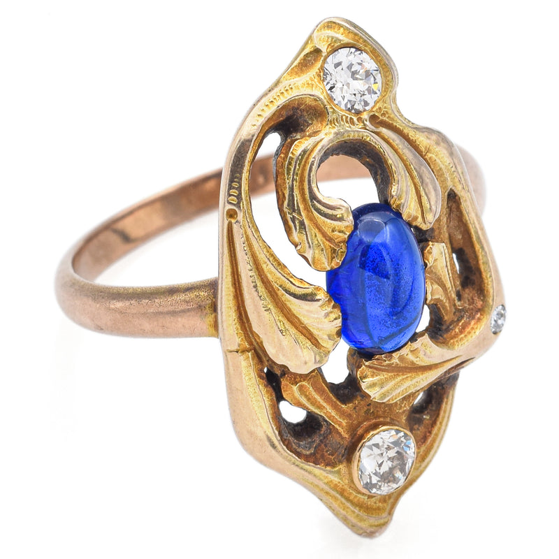 Antique 14K Yellow Gold Blue Spinel & Old Euro Diamond Ring Size 9.5