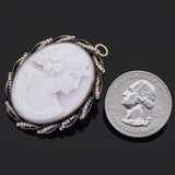 Antique 8K Yellow Gold Angel Skin Coral & Pearl Oval Cameo Brooch Pin Pendant