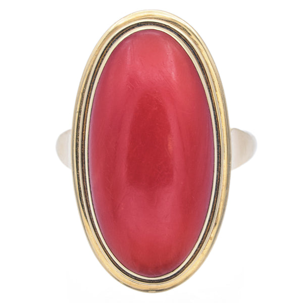 Vintage 14K Yellow Gold Red Coral Oval Cabochon Cocktail Ring Size 8.25