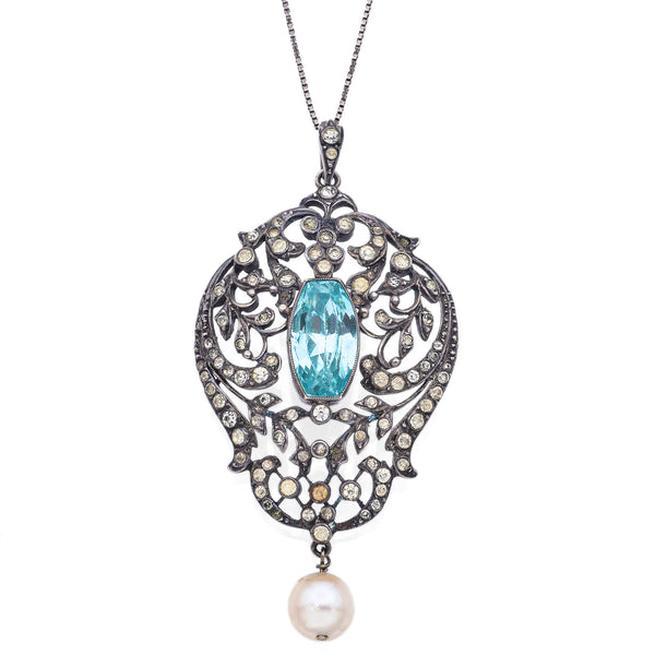 Antique French Sterling Silver Aqua Crystal, Paste & Pearl Pendant Necklace