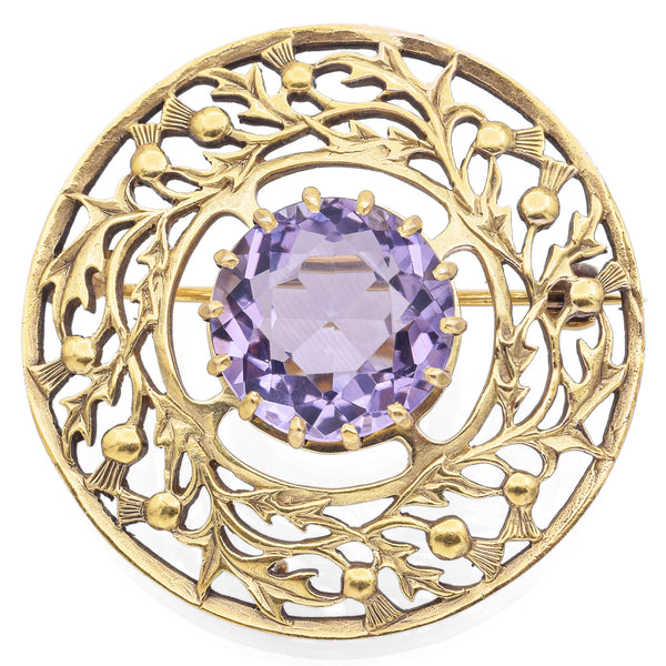 Vintage Jona Signed 9K Yellow Gold 7.67 Ct Amethyst Round Brooch Pin