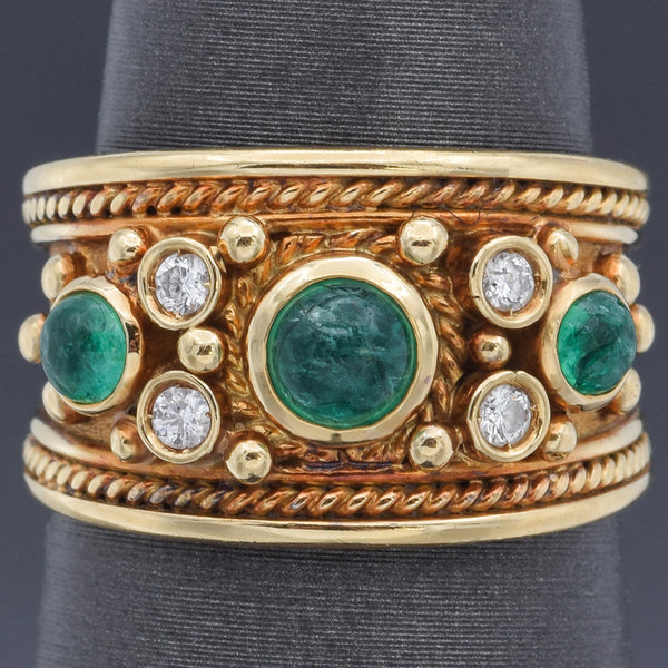 Vintage Emerald & Diamond 18K Yellow Gold Band Ring Size 6.5