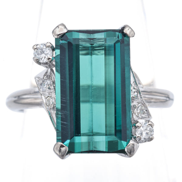 Vintage 14K White Gold 4.2 Ct Emerald Cut Green Tourmaline & Diamond Ring