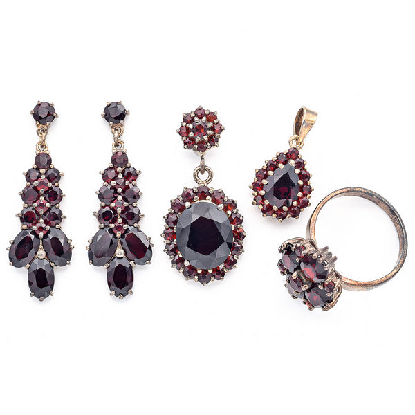 Vintage Sterling Silver Garnet Necklace, Pendants, Ring & Earrings Set Size 8