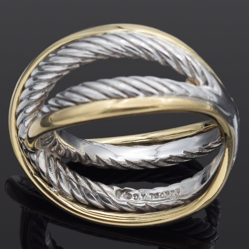 David Yurman Sterling Silver & 18K Yellow Gold X Crossover Ring Size 6.5 Pouch