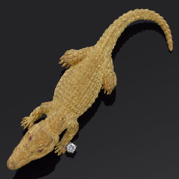 Estate Diamond & Ruby 18K Yellow Gold Alligator Crocodile Brooch Pin