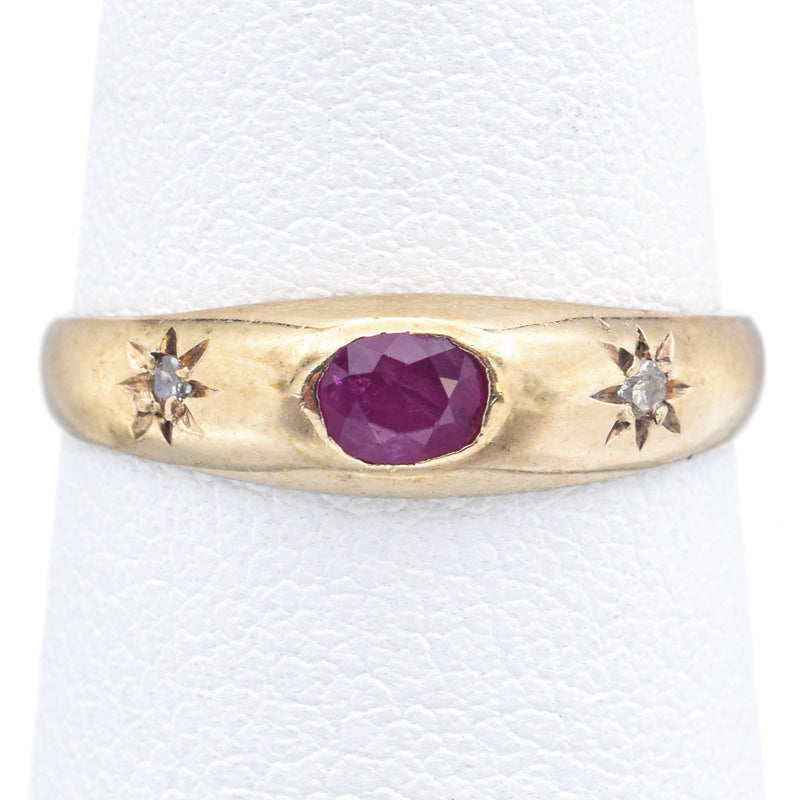 Vintage 9K Yellow Gold Ruby & Diamond Band Ring Size 6