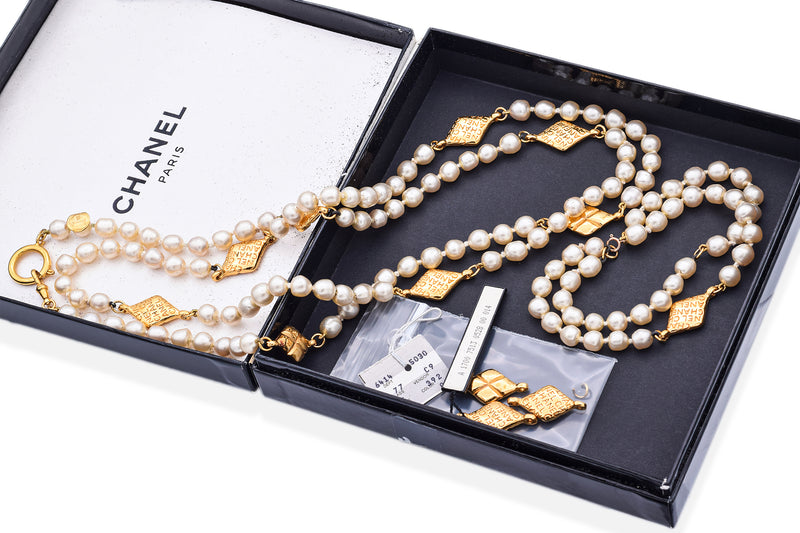 Vintage Chanel Gold Plated Faux Pearl Necklace & Bracelet Set with Box