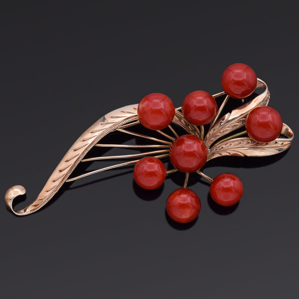 Vintage Red Coral 14K Yellow Gold Swirl Brooch Pin