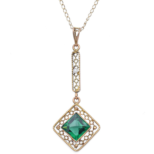 Vintage 14K Yellow Gold Lab Emerald & Pearl Pendant Necklace