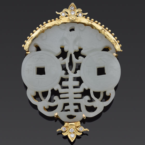 Antique 18K Yellow Gold Mutton Fat Jade & Diamond Fu Shou Brooch Pin Pendant