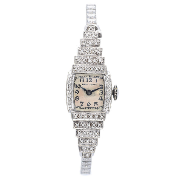 Antique Hamilton Ladies 0.41 TCW Diamond 14K White Gold Hand Wind Wristwatch