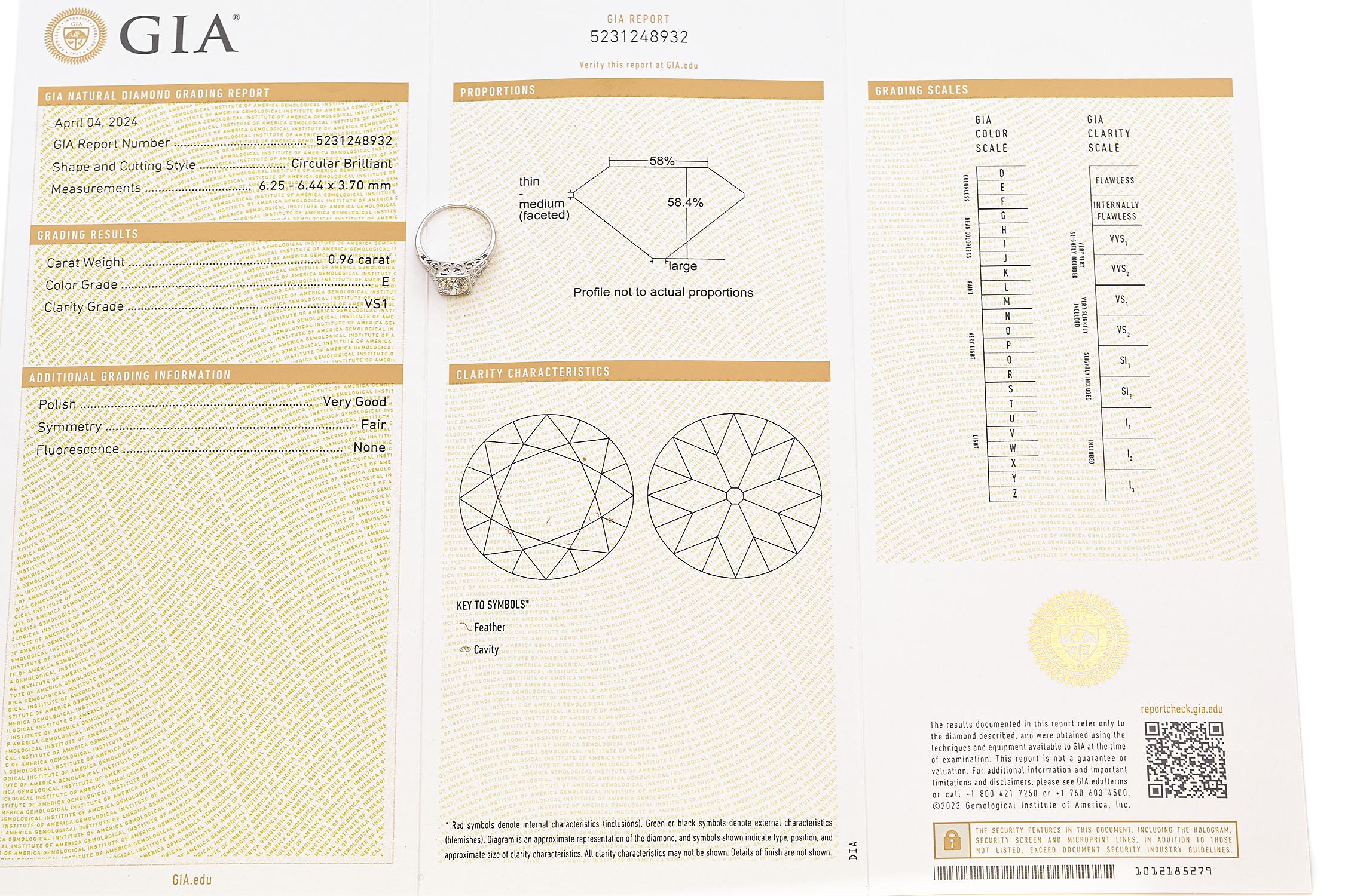 Antique Art Deco Platinum 0.96 Ct E VS1 Diamond Engagement Ring GIA
