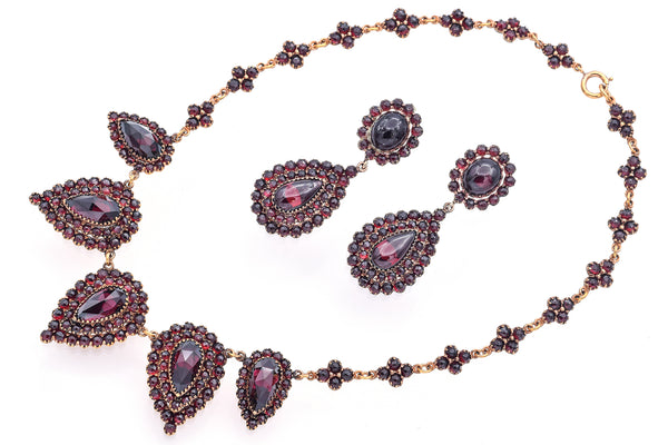 Antique Gold Filled Garnet Screwback Dangle Earrings & Necklace Set