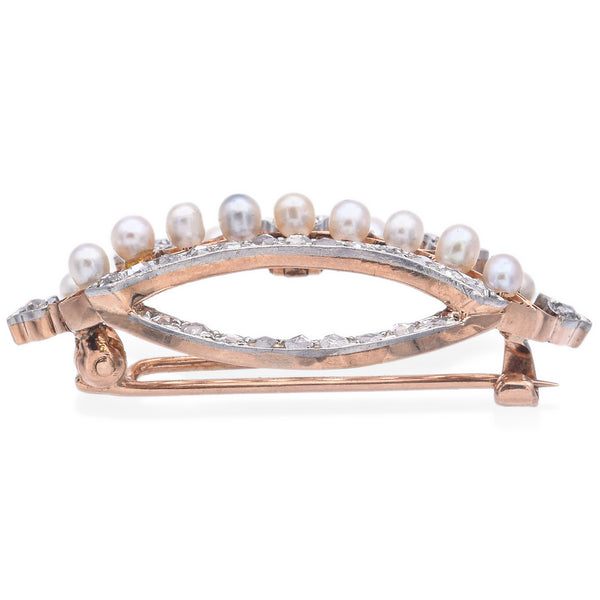 Antique 11K Gold & Platinum Pearl & Rose Cut Diamond Crown Brooch Pin Pendant