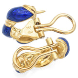 Estate 18K Yellow Gold Blue Enamel Omega Back Semi-Hoop Twist Earrings