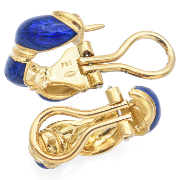 Estate 18K Yellow Gold Blue Enamel Omega Back Semi-Hoop Twist Earrings