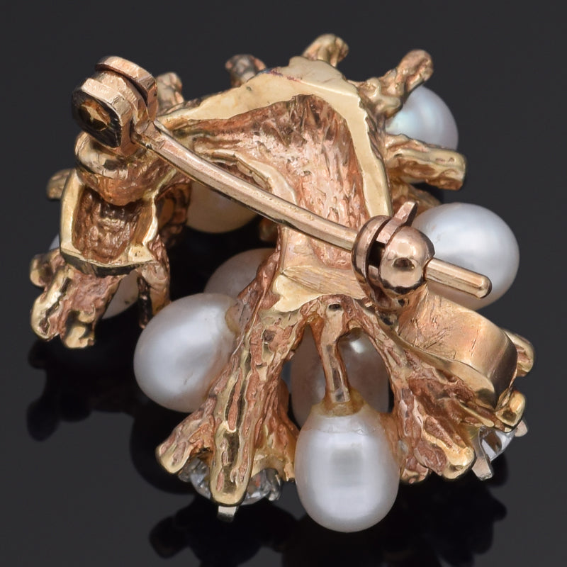 Vintage 14K Yellow Gold Pearl & 0.51 TCW Diamond Brooch Pin 22.5 x 20.5 mm