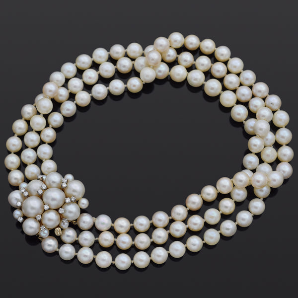 Vintage Pearl & 0.64 TCW Diamond 14K Yellow Gold Beaded Multi-Strand Necklace