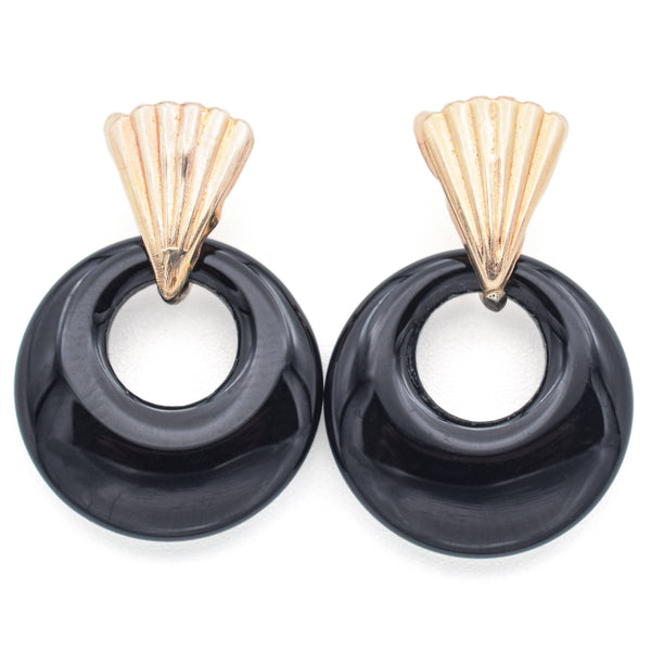 Vintage 14K Yellow Gold Onyx Round Disc Drop Earrings