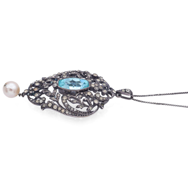 Antique French Sterling Silver Aqua Crystal, Paste & Pearl Pendant Necklace