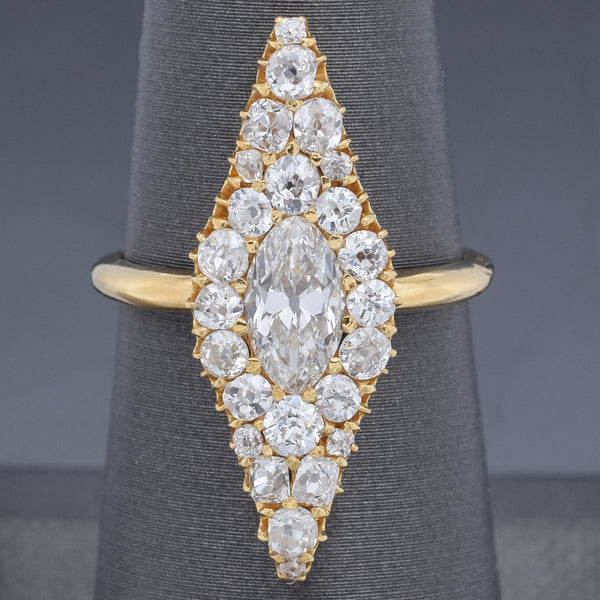 Antique 1.90TCW Diamond 18K Yellow Gold Marquise Cocktail Ring Size 6.5 with Box