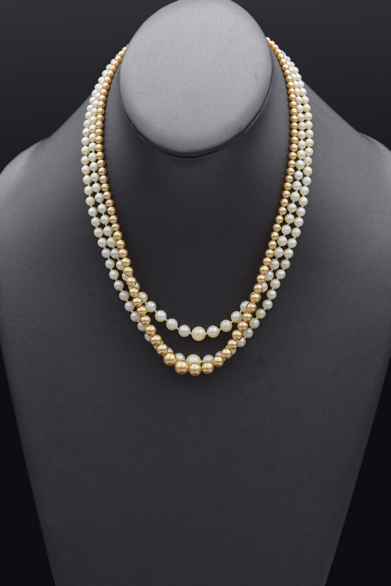 Vintage 14K Gold White Pearl & 10K Gold Golden Imitation Pearl Beaded Necklaces
