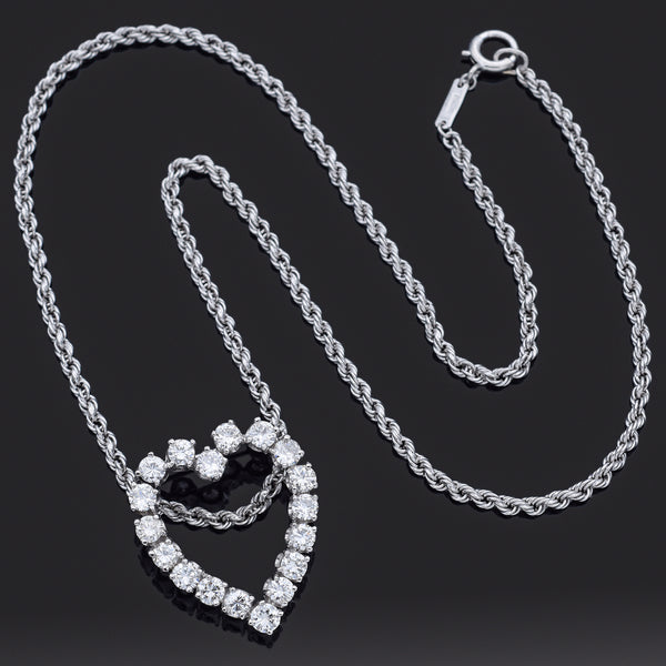 Estate 14K White Gold 3.00 TCW Diamond Heart Brooch Pendant & Platinum Necklace