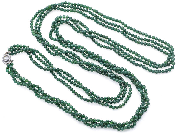 Vintage Green Jade & French Paste Clasp Beaded Multi-Strand Necklace