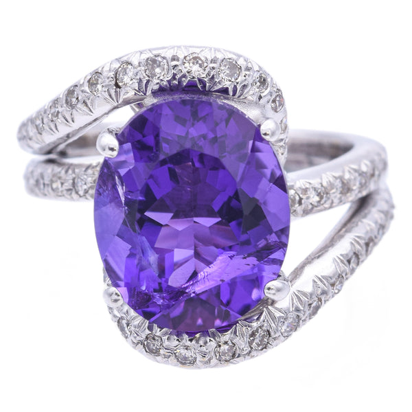 Vintage 18K White Gold Oval 4.01 Ct Amethyst & Diamond Cocktail Ring Size 5
