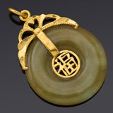 Vintage 24K Yellow Gold Translucent Green Jade 福 Blessed Round Disc Pendant 7.7G