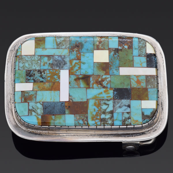 Vintage CB Signed Sterling Silver Turquoise Inlay Belt Buckle 60.5 x 44.5 mm